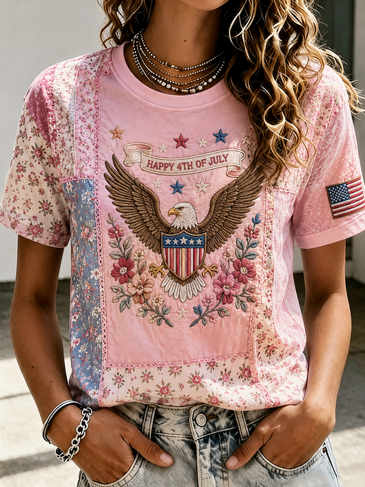 Women's Independence Day floral print short-sleeved T-shirt