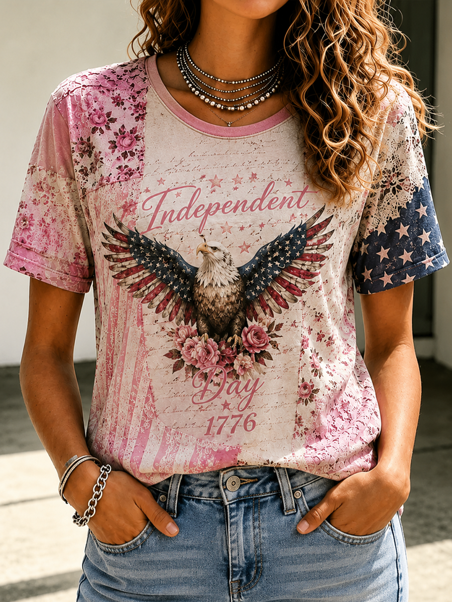 Women's Independence Day floral print short-sleeved T-shirt