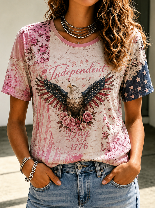Women's Independence Day floral print short-sleeved T-shirt