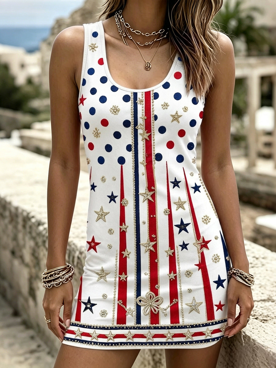 Woman's Red White Blue Stripe Stars Print Mini Tank Dress