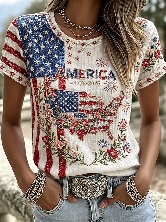 Women's America 1776-2026 Map & Flag Floral Print linen short-sleeved T-shirt