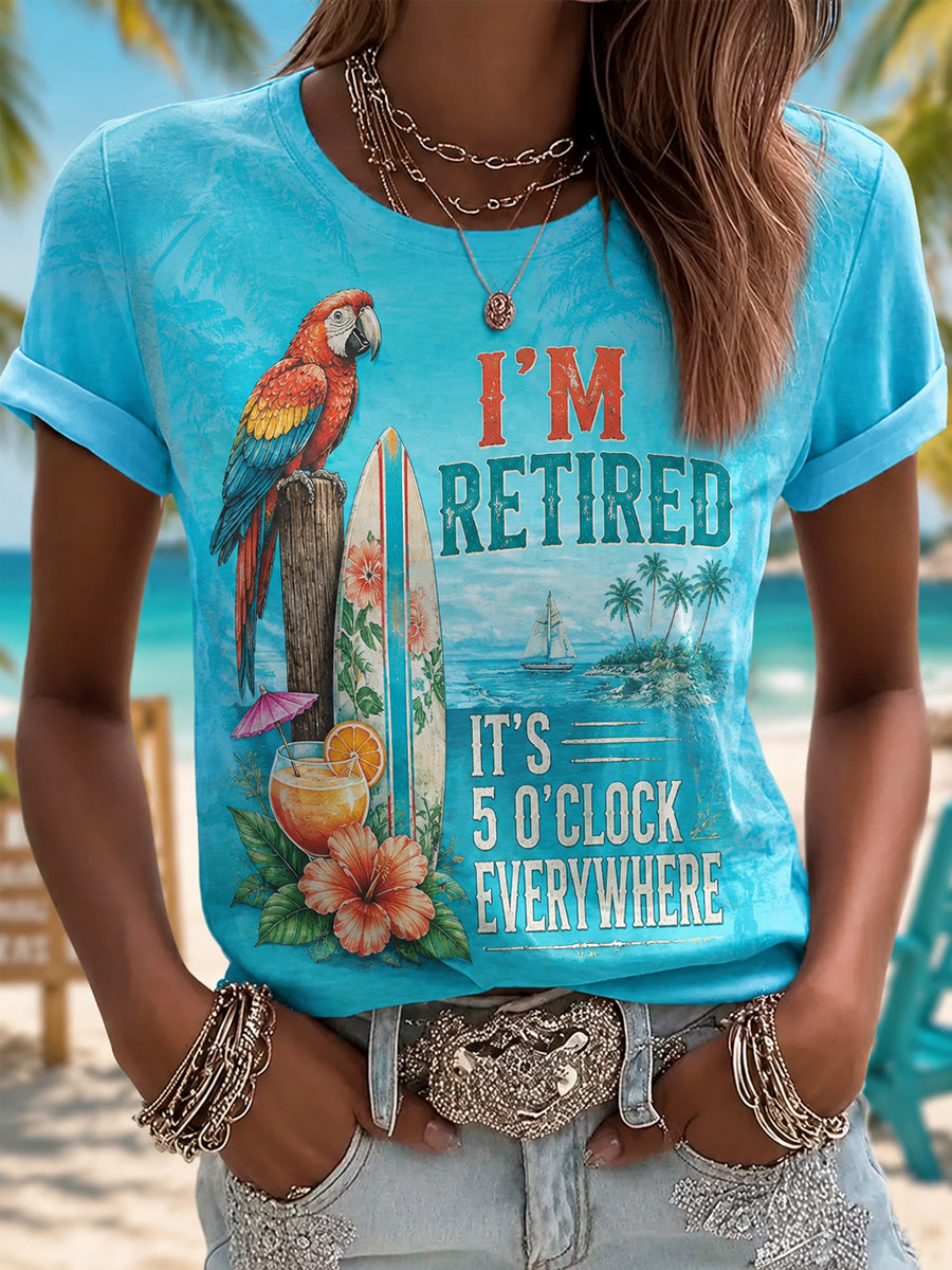 Women's I'm Retired It's 5 O'clock Everywhere Parrot Print Casual Tee