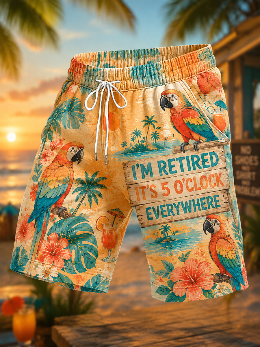 Men's I'm Retired It's 5 O'clock Everywhere Parrot Print Casual Shorts