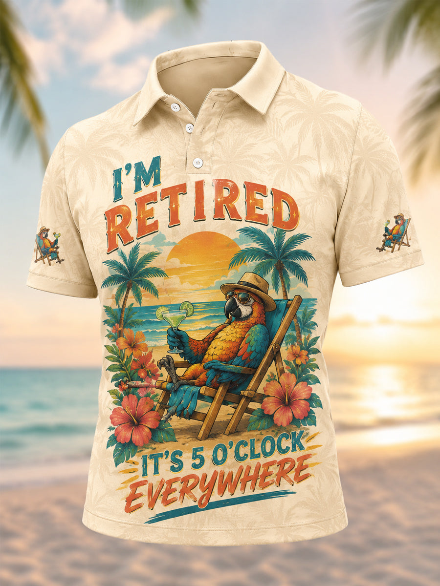 Men's I'm Retired It's 5 O'clock Everywhere Parrot Print Casual Polo