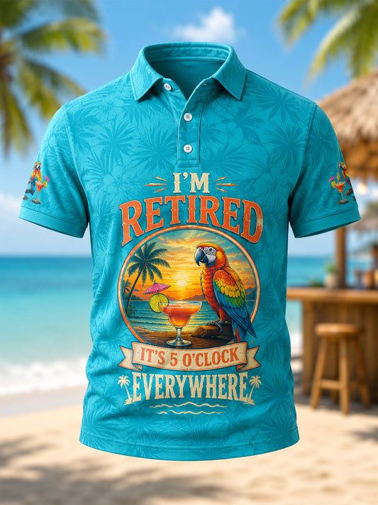 Men's I'm Retired It's 5 O'clock Everywhere Parrot Print Casual Polo