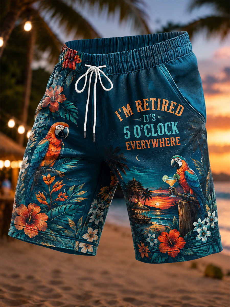 Men's I'm Retired It's 5 O'clock Everywhere Parrot Print Casual Shorts