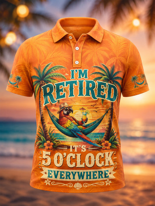 Men's I'm Retired It's 5 O'clock Everywhere Parrot Print Casual Polo