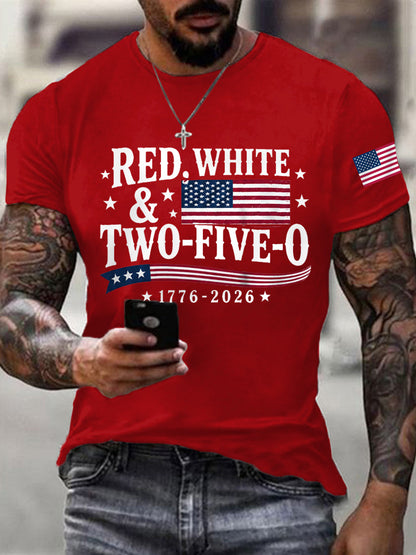 Men's Red White Two-Five-O USA Flag Print Casual Patriotic Tee