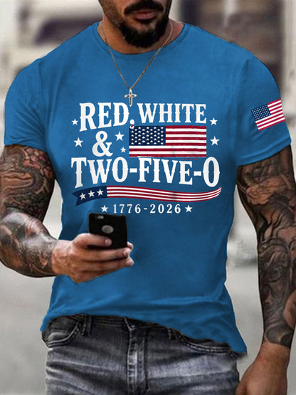 Men's Red White Two-Five-O USA Flag Print Casual Patriotic Tee