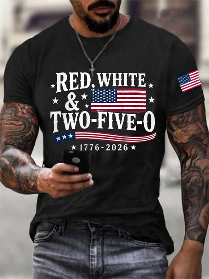 Men's Red White Two-Five-O USA Flag Print Casual Patriotic Tee