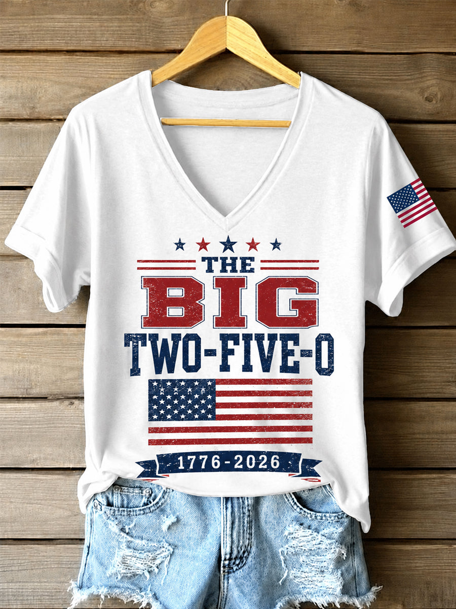 Women's Red White Two-Five-O USA Flag Print Casual Patriotic V-Neck Tee