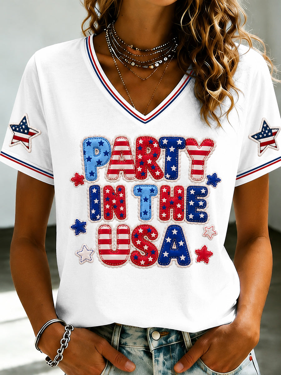 Women's America Printed V-neck T-shirt