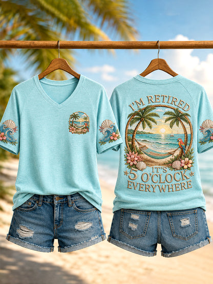 Women's I'm Retired It's 5 O'clock Everywhere Parrot Print Casual V-Neck Tee