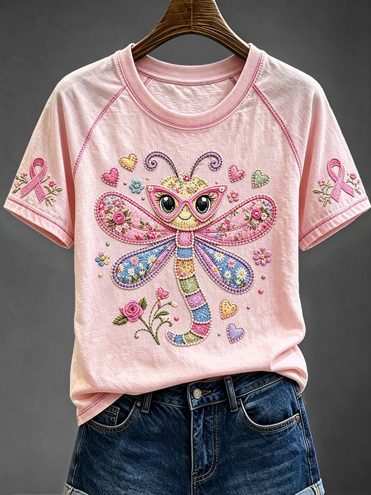 Women's Dragonfly Floral Pink Awareness Print Round Neck Short Sleeve T-shirt