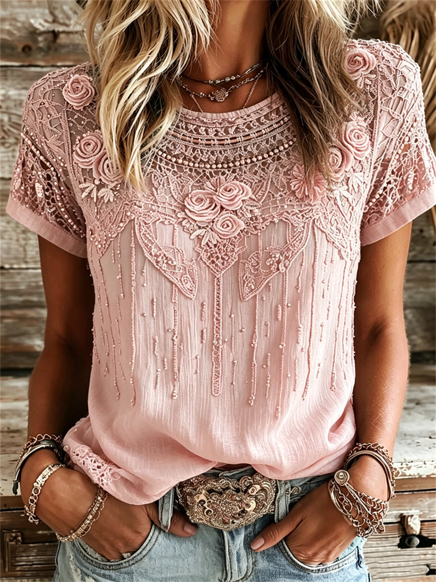 Women's Vintage Pink Floral Lace Art Print linen short-sleeved T-shirt