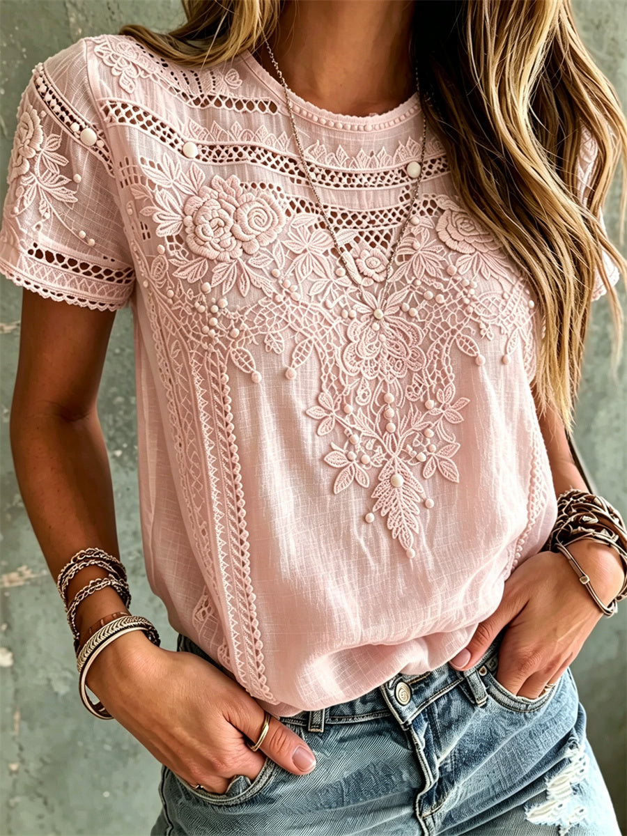 Women's Vintage Pink Floral Lace Art Print linen short-sleeved T-shirt