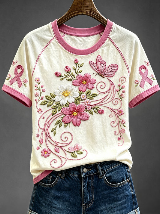 Women's Floral Butterfly Pink Ribbon Print Round Neck Short Sleeve T-shirt