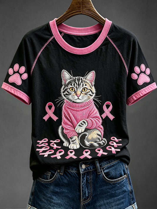 Women's Cute Cat Breast Cancer Awareness Funny Round Neck Short Sleeve T-shirt