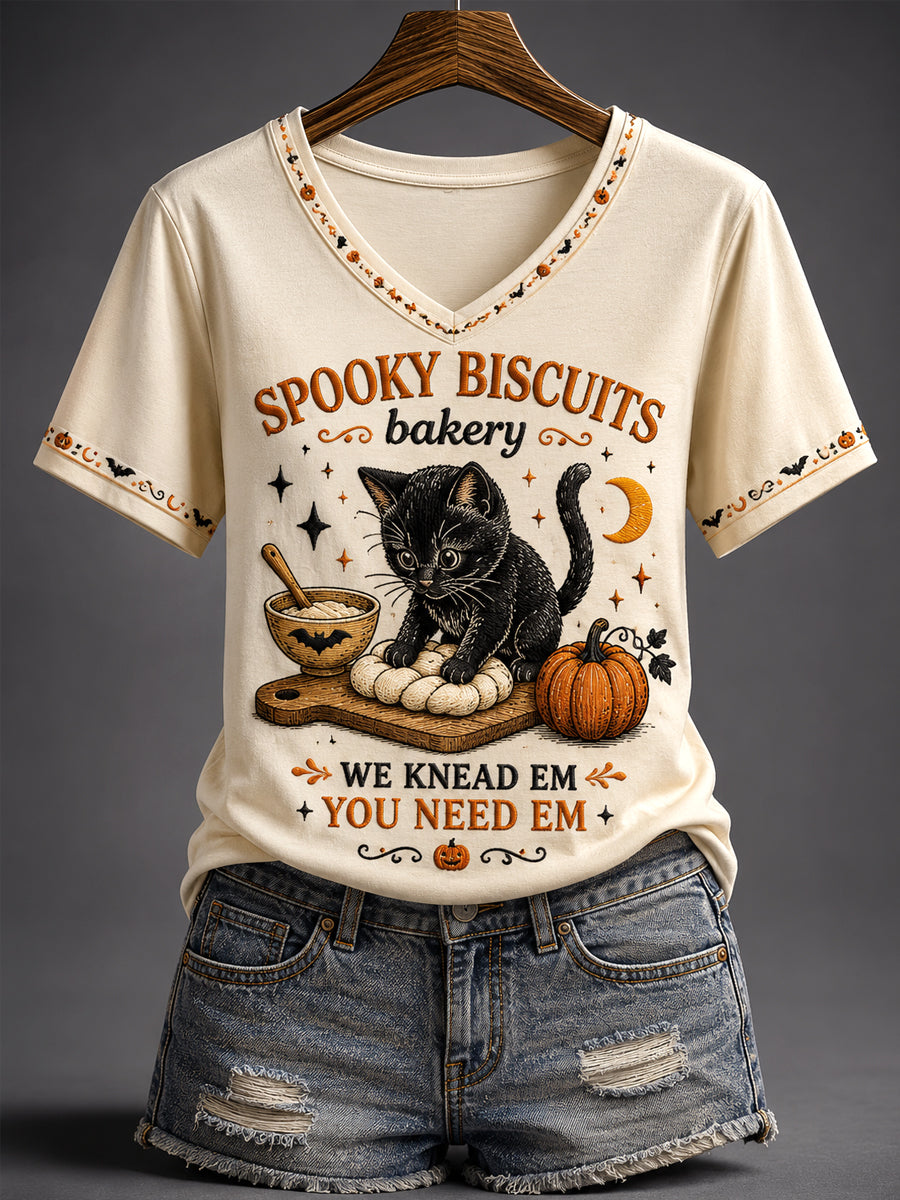 Women's Halloween Black Cat Spooky Biscuits Bakery Pumpkin Print Casual V-Neck Tee