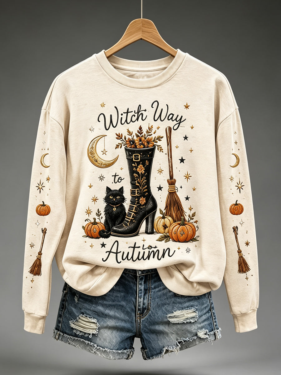 Women's Halloween Black Cat Print Casual Sweatshirt
