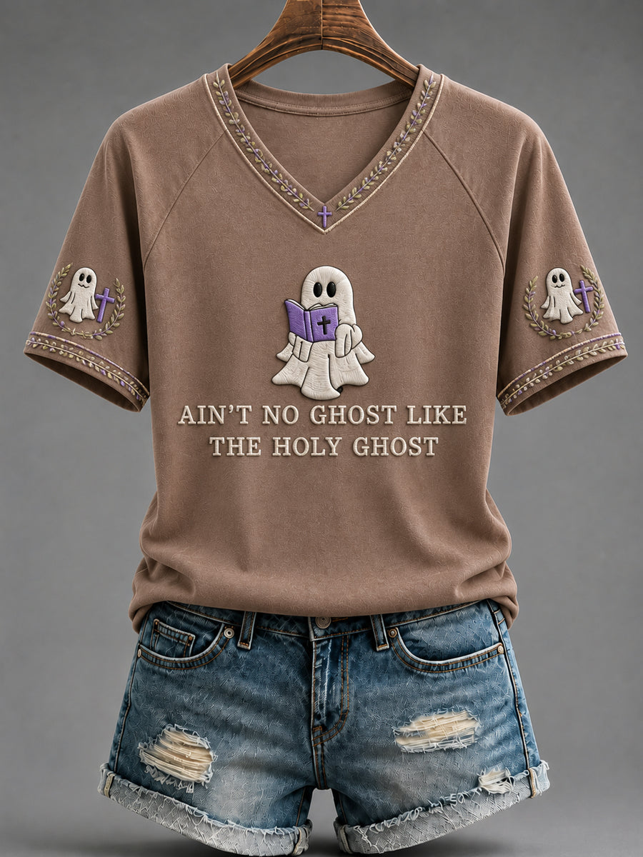 Women's Christian Halloween  “Ain't No Ghost Like the Holy Ghost” V-neck Short Sleeve T-shirt