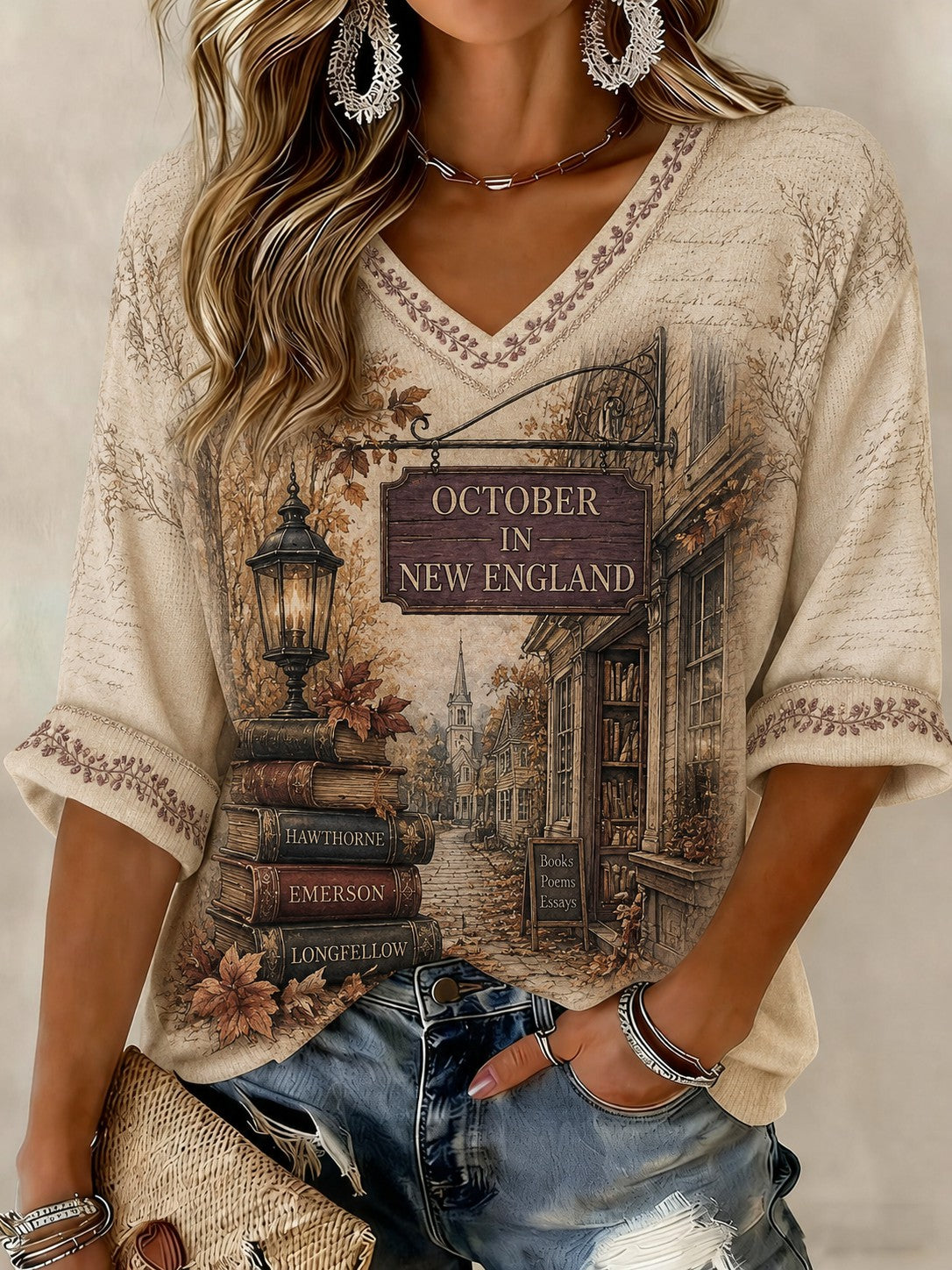 Women's OCTOBER IN NEW ENGLAND Printed Mid-length Sleeves V-neck T-shirt
