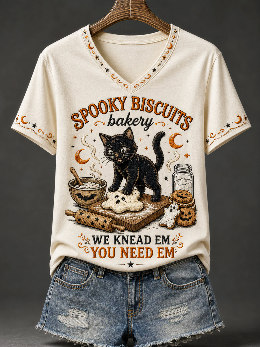 Women's Halloween Black Cat Spooky Biscuits Bakery Pumpkin Print Casual V-Neck Tee