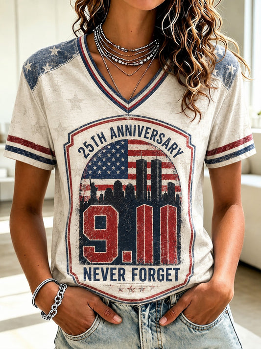 Women's 9.11 Never Forget Printed V-neck T-shirt