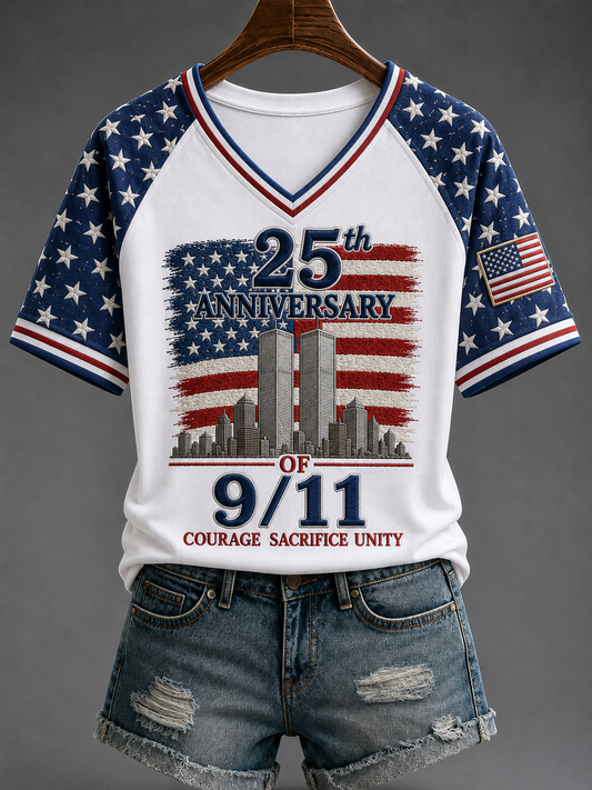 Women's American Patriot Day V-neck Off-shoulder Short-sleeved T-shirt