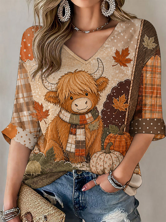 Women's Fall Patchwork Print Casual V-Neck T-Shirt