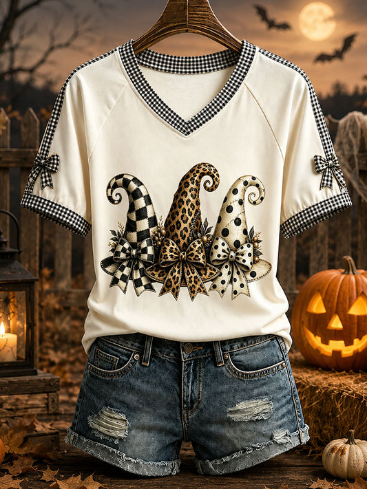 Women's Halloween Hat Print V-Neck T-Shirts