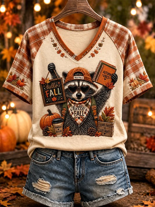 Women's Fall Print Casual V-Neck Tee