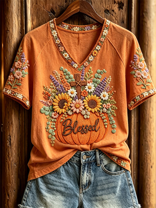 Women's Blessed Cross & Fall Pumpkin Floral Crochet Art Print short-sleeved T-shirt