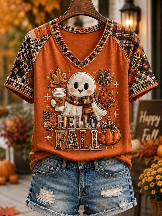 Women's Hello Fall Cute Ghost Plaid Print Casual V-Neck Tee