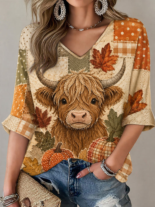 Women's Fall Patchwork Print Casual V-Neck T-Shirt