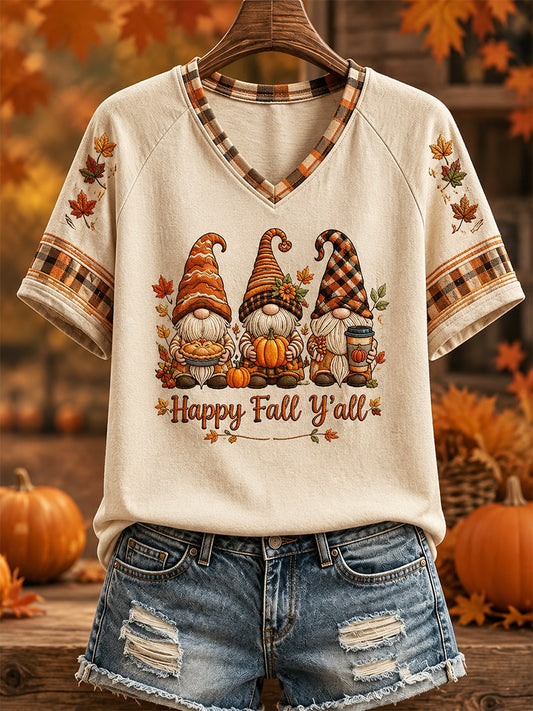Women's Fall Print Casual V-Neck Tee