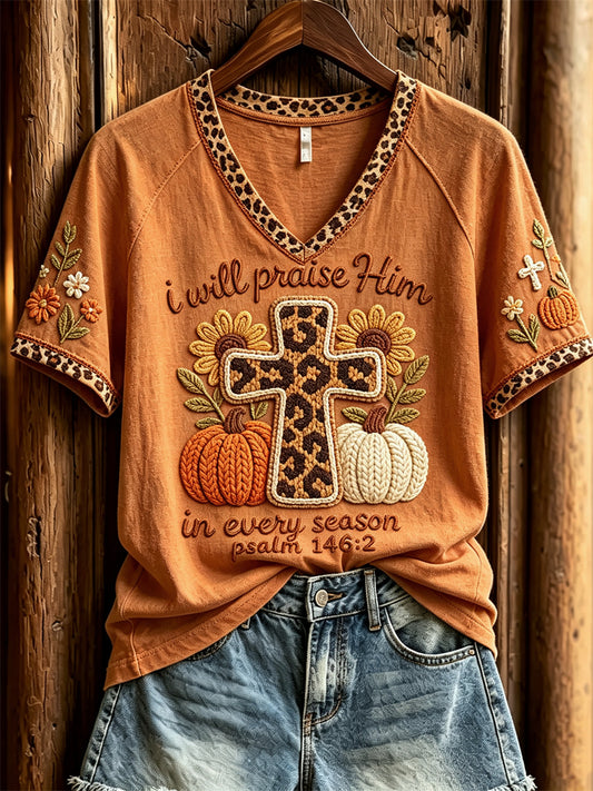 Women's I Will Praise Him in Every Season Cross & Fall Pumpkin Crochet Art Print short-sleeved T-shirt