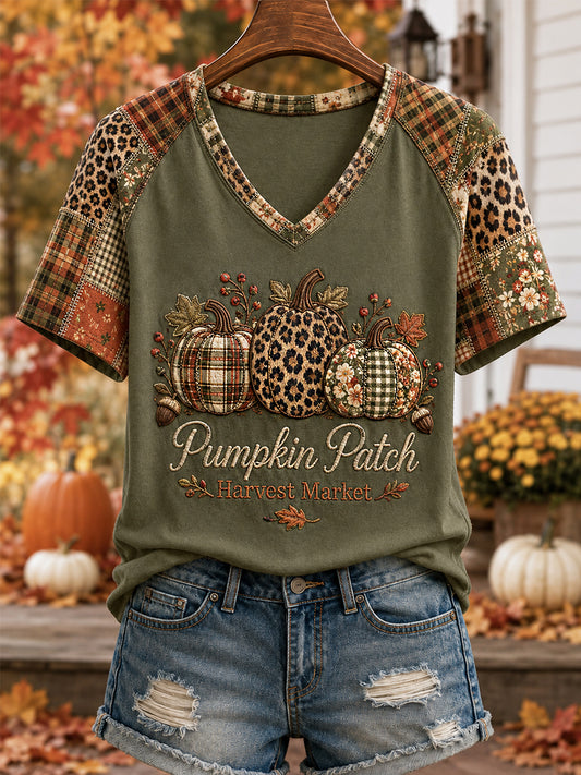 Women's Fall Y‘all Pumpkin Patch Plaid Print Casual V-Neck Tee