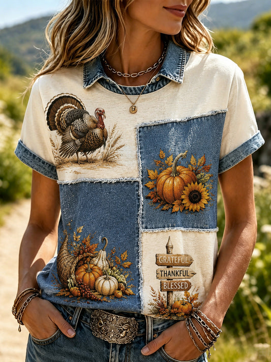 Women's Autumn Thanksgiving-Themed Art Print Top