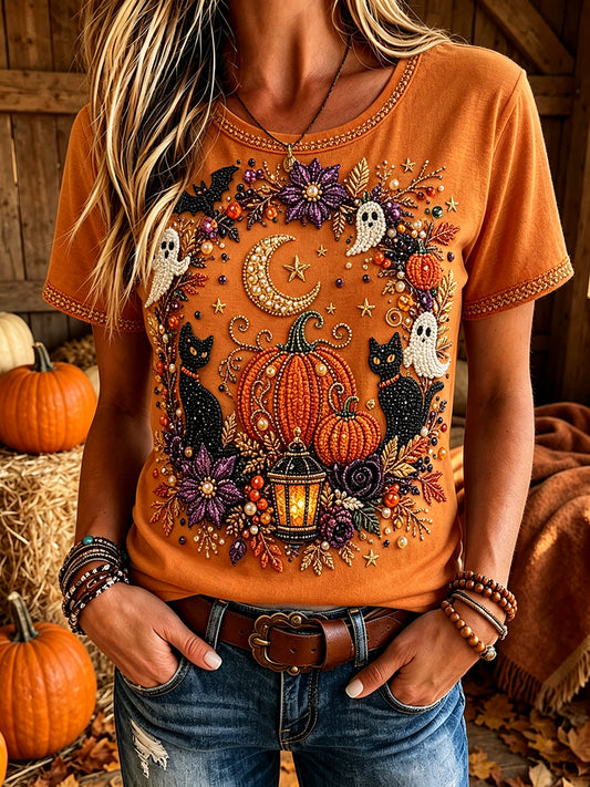 Women's Halloween Bead Cats And Pumpkins Art Print Short-sleeved T-shirt