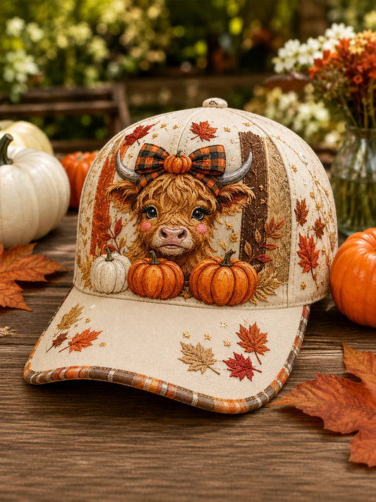Unisex Vintage Autumn Cute Highland Cow Pumpkin Maple Leaf Art  Print Hat