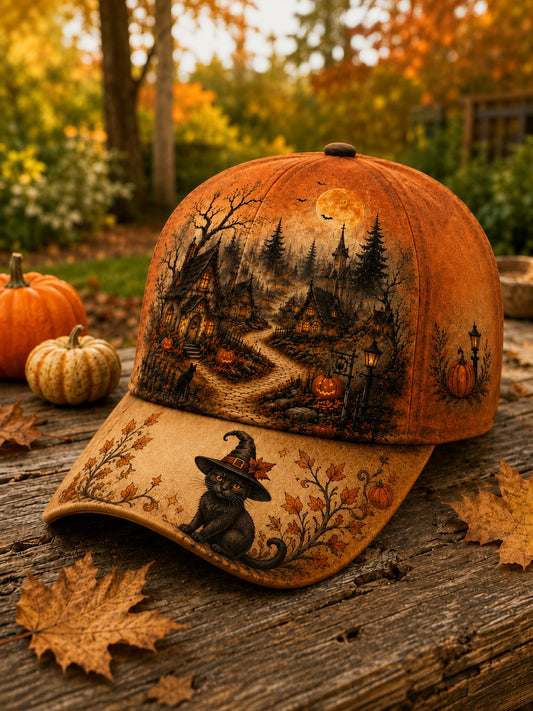Unisex Vintage Retro Halloween Black Cat Pumpkin Art Print Hat