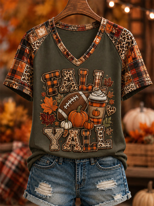 Women's Fall Y‘all Plaid Print Casual V-Neck Tee
