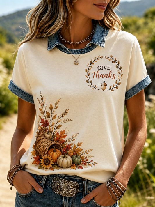 Women's Autumn Thanksgiving-Themed Art Print Top