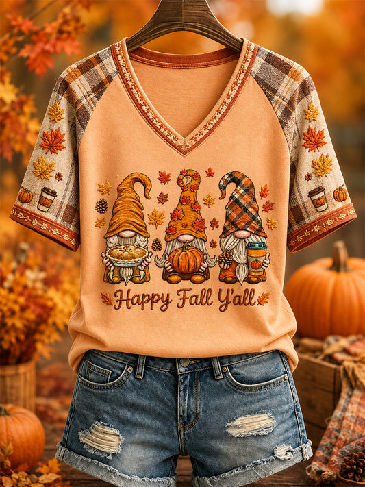 Women's Fall Print Casual V-Neck Tee
