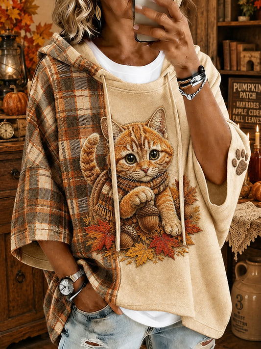 Women's Autumn Maple Leaf Cute Cat Casual Loose Hoodie