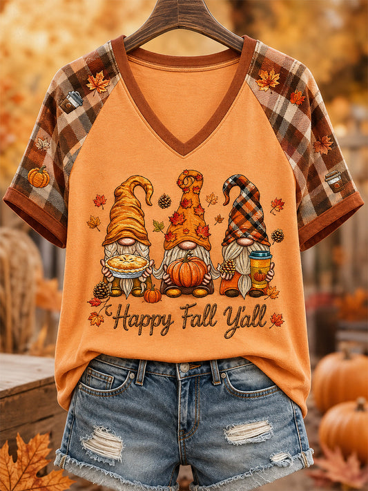 Women's Fall Print Casual V-Neck Tee
