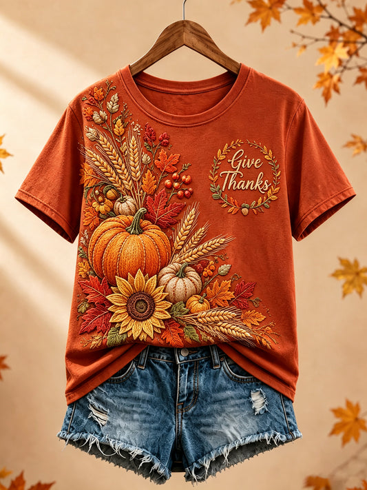 Women's Autumn Thanksgiving Themed Art Print Crew Neck Short Sleeve T-Shirt