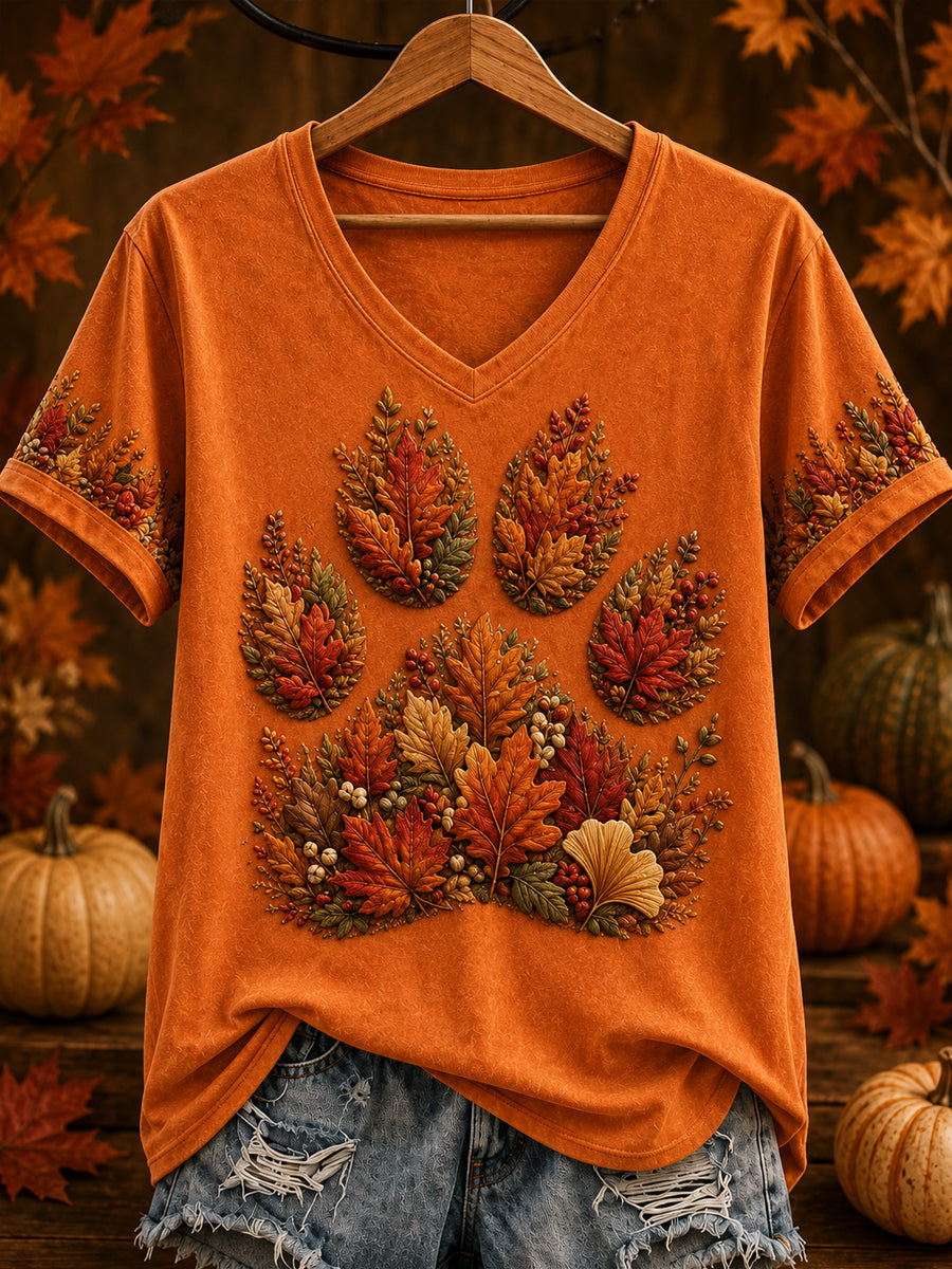 Women's Autumn Maple Leaf Cute Paws Short Sleeve T-shirt