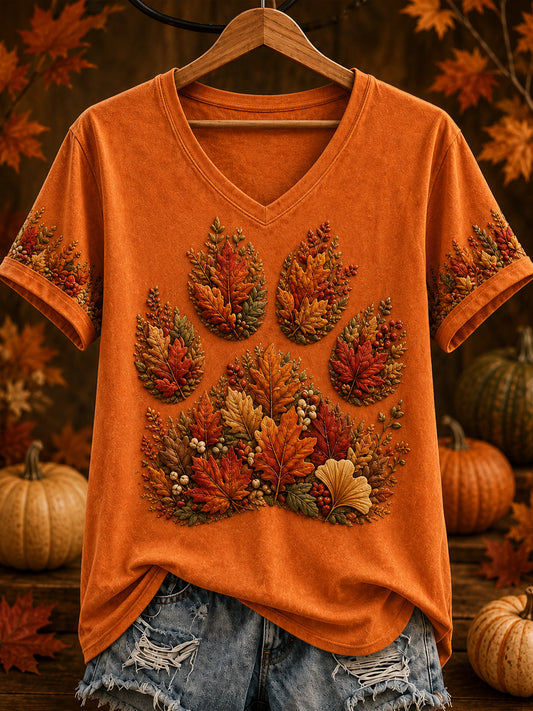 Women's Autumn Maple Leaf Cute Paws Short Sleeve T-shirt